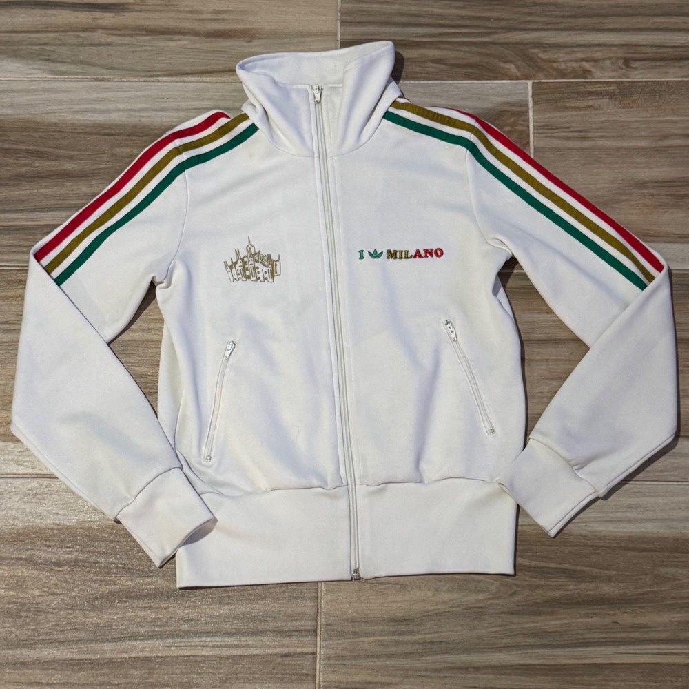 Vintage 2006 Adidas Originals I Love Milano Track Jacket White Gold Size Small